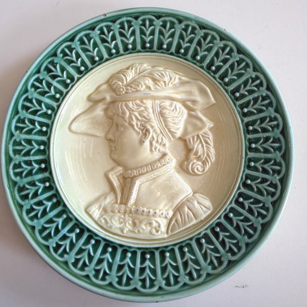 Vintage Majolica Cameo Portrait Plate Green Glazed Relief Lady 6.25 Inch cottage